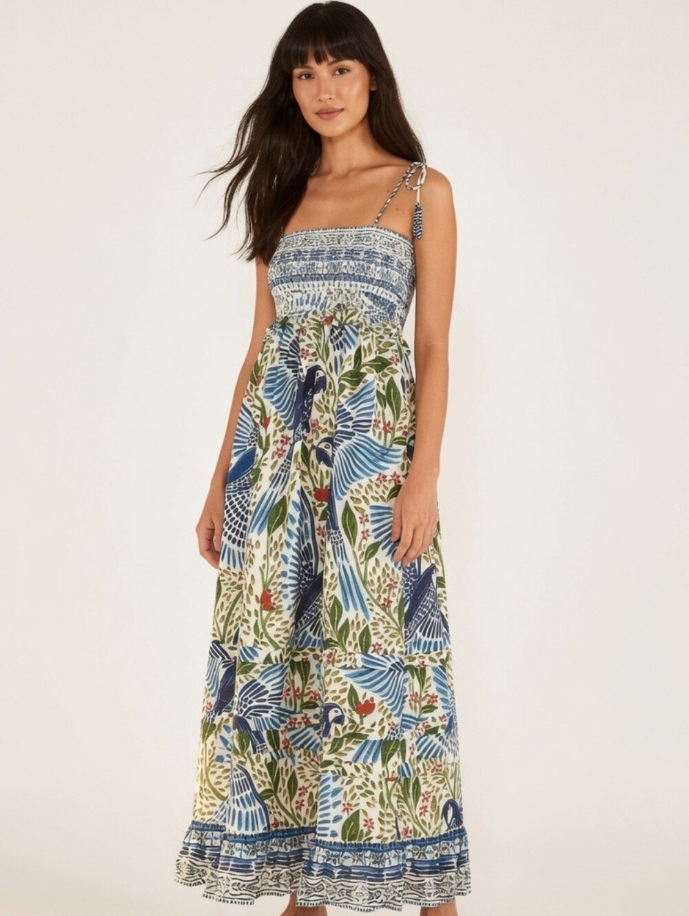 Farm Rio macaw flight smocked maxi dress off white